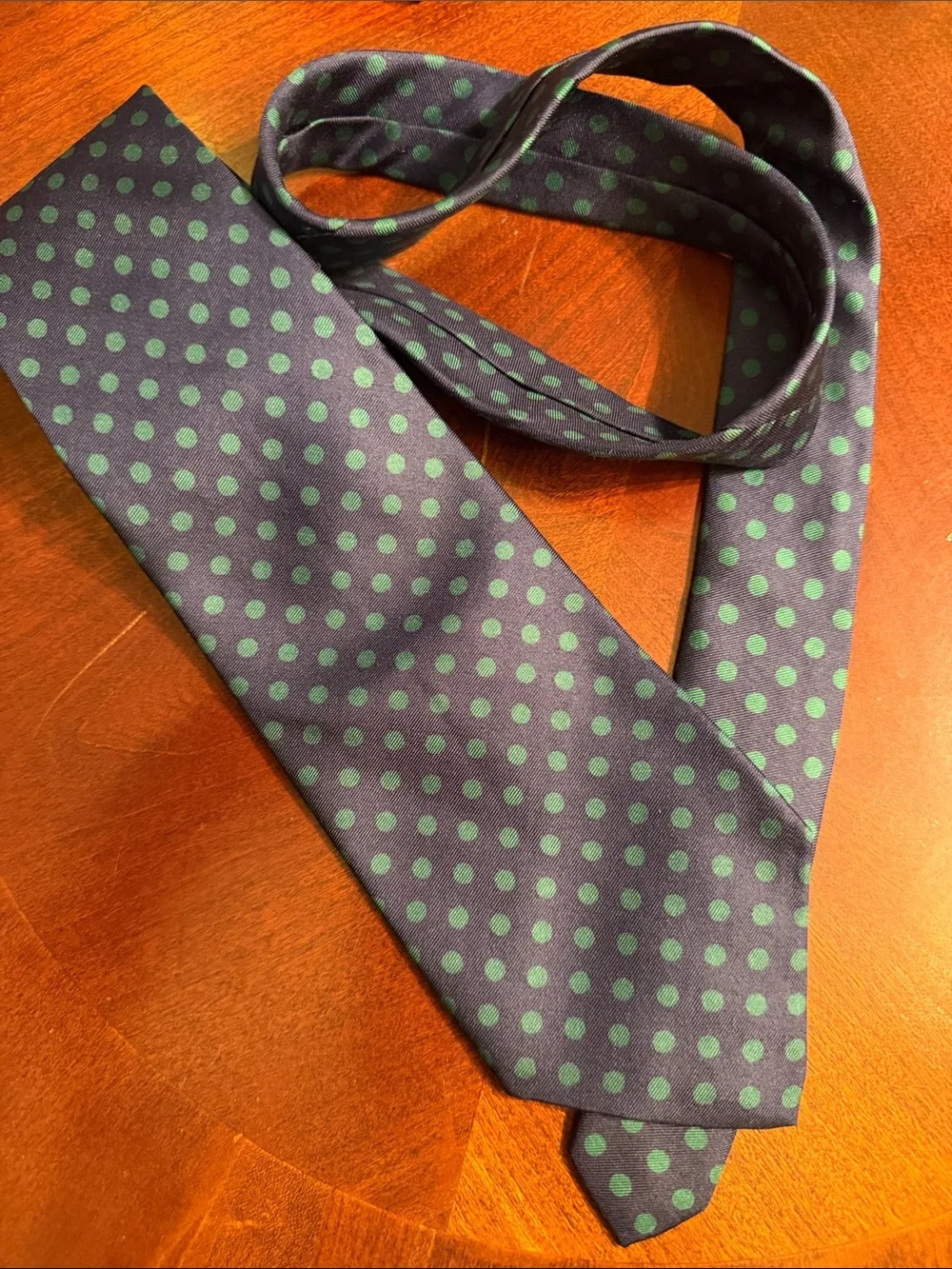 Abercrombie & Fitch Navy Tie with Green Polka Dots